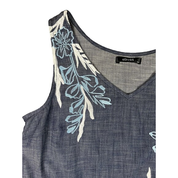 eShakti V-Neck Dress  Women's M (8)  Embroidered Sleeveless Sheath Blue Chambray - Picture 5 of 9